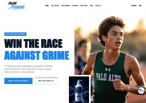 A promotional webpage for Run Rinse featuring a male athlete running in a green Palo Alto jersey, with large text reading 'Win the Race Against Grime' and a small product bottle shown in a product inset.