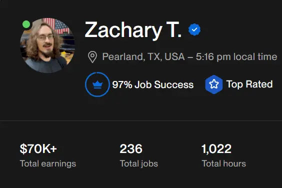 Profile section of a user named Zachary T. with job success and rating information on a dark background.