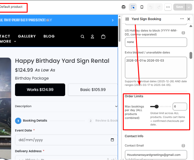 Computer screen displaying a product listing on Houlihan's website with a focus on birthday sign rental.